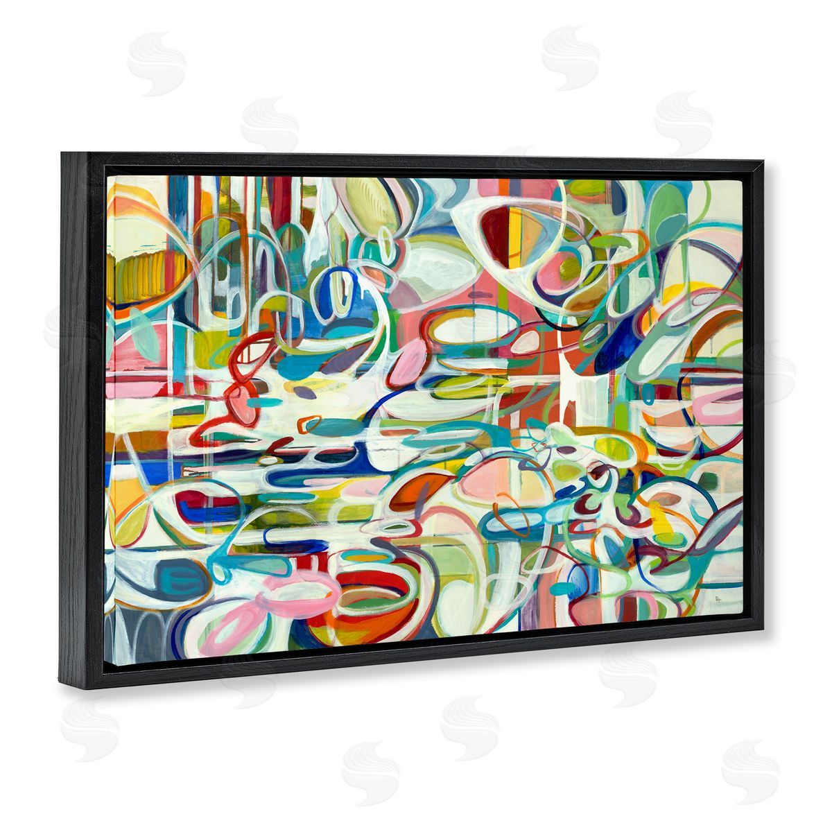 Round Geometric Pattern Black Floating Frame Canvas Wall Art, Home Decor by Lisa Ridgers