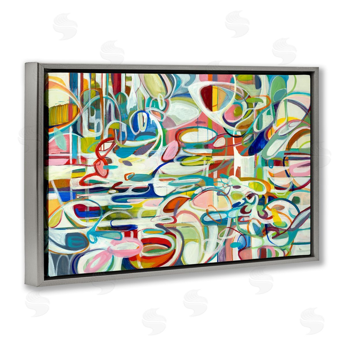 Round Geometric Pattern Grey Floating Frame Canvas Wall Art, Home Decor by Lisa Ridgers