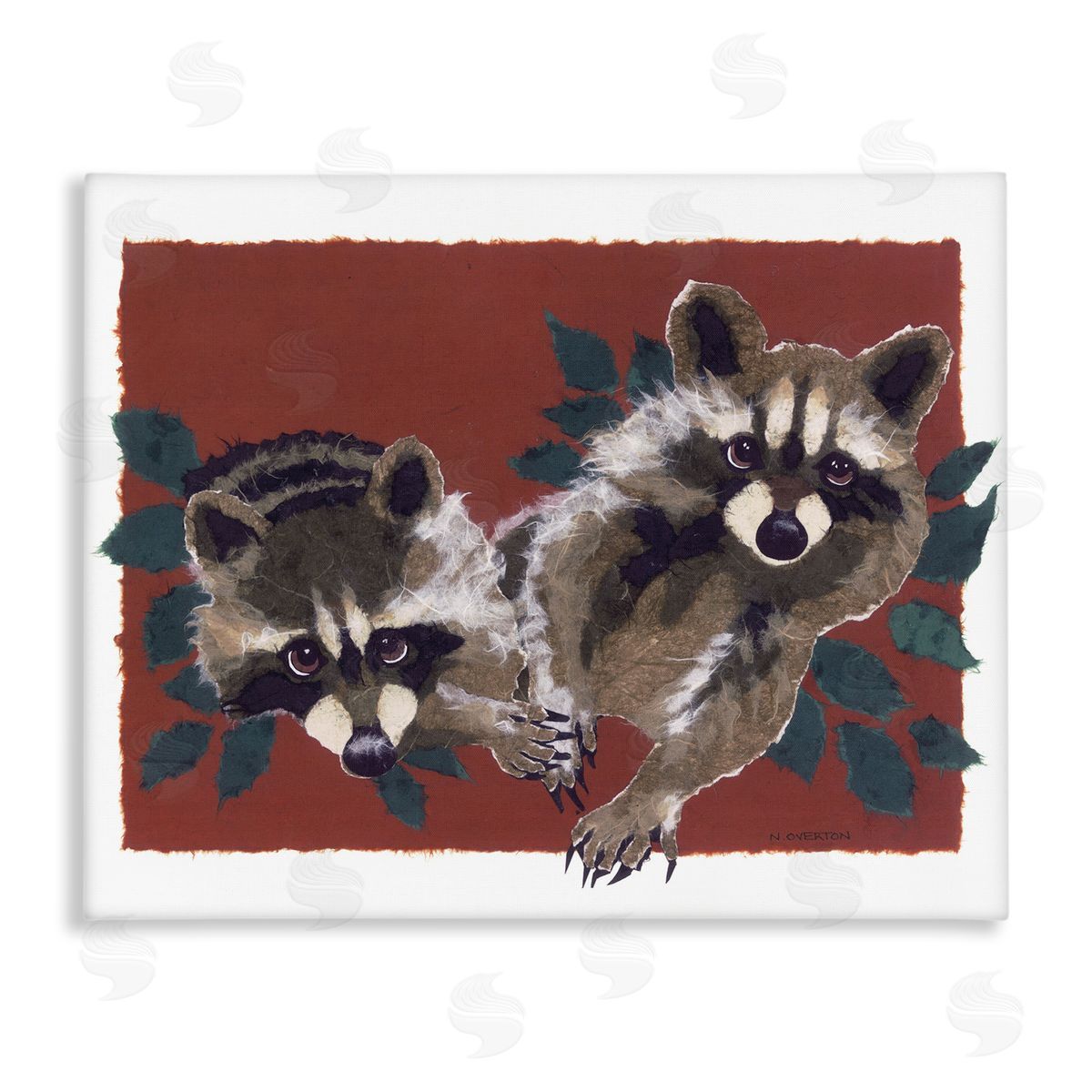 Two Raccoons and Leaves Canvas Wall Art, Home Decor by Nancy Overton