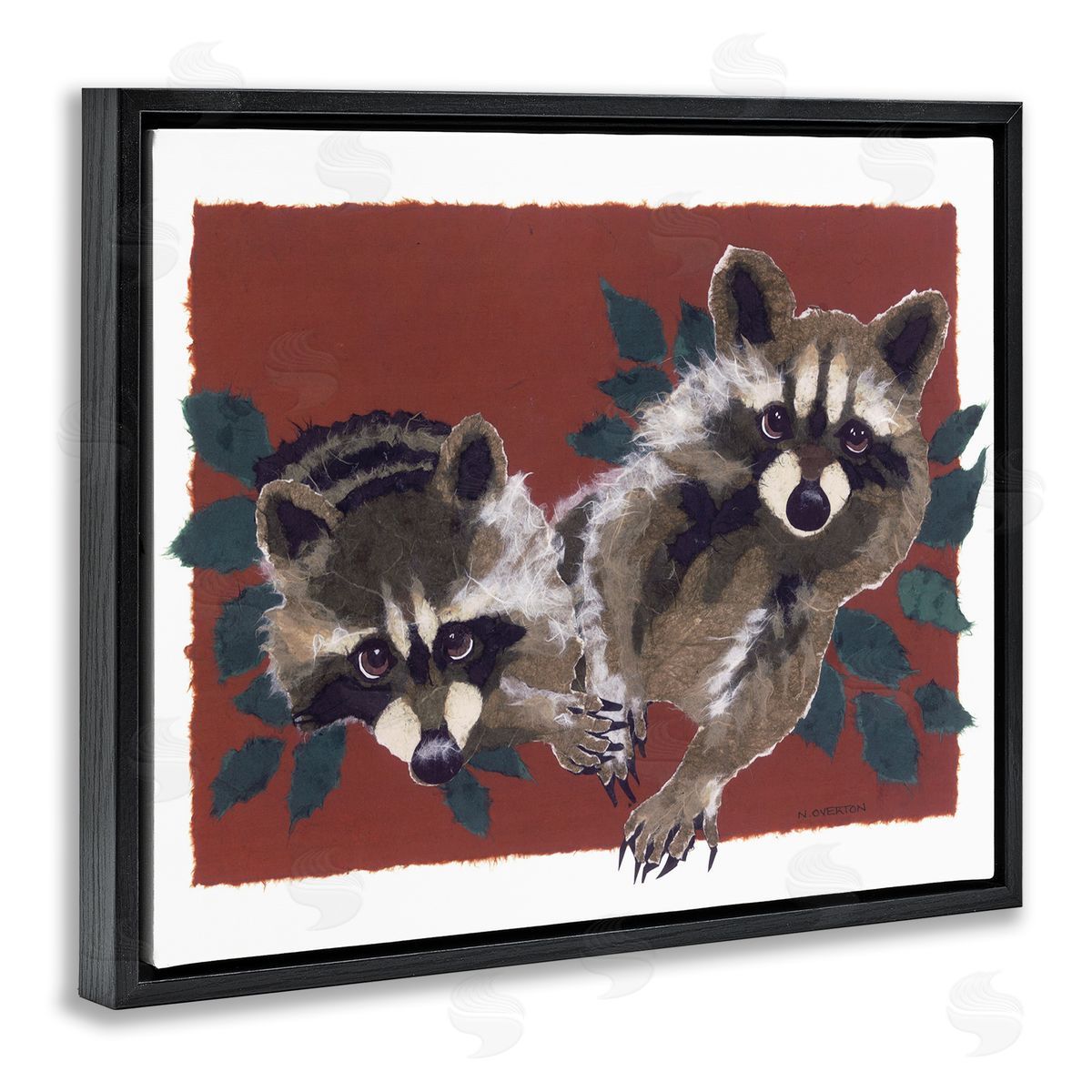 Two Raccoons and Leaves Black Floating Frame Canvas Wall Art, Home Decor by Nancy Overton
