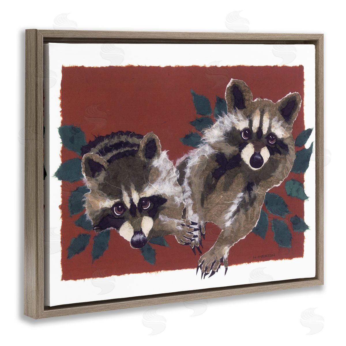 Two Raccoons and Leaves Brown Floating Frame Canvas Wall Art, Home Decor by Nancy Overton