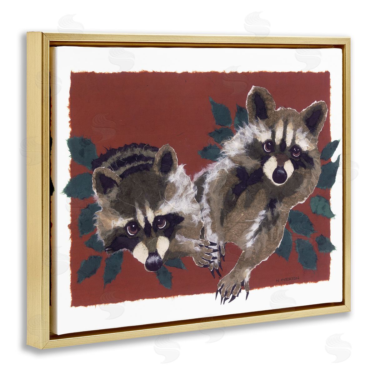 Two Raccoons and Leaves Gold Floating Frame Canvas Wall Art, Home Decor by Nancy Overton