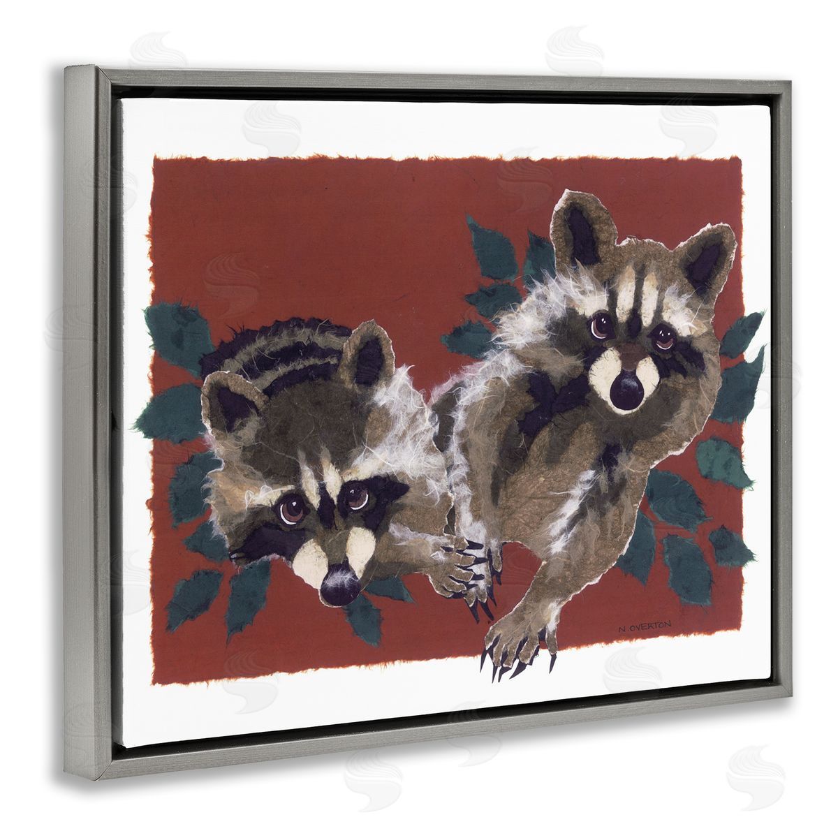 Two Raccoons and Leaves Grey Floating Frame Canvas Wall Art, Home Decor by Nancy Overton