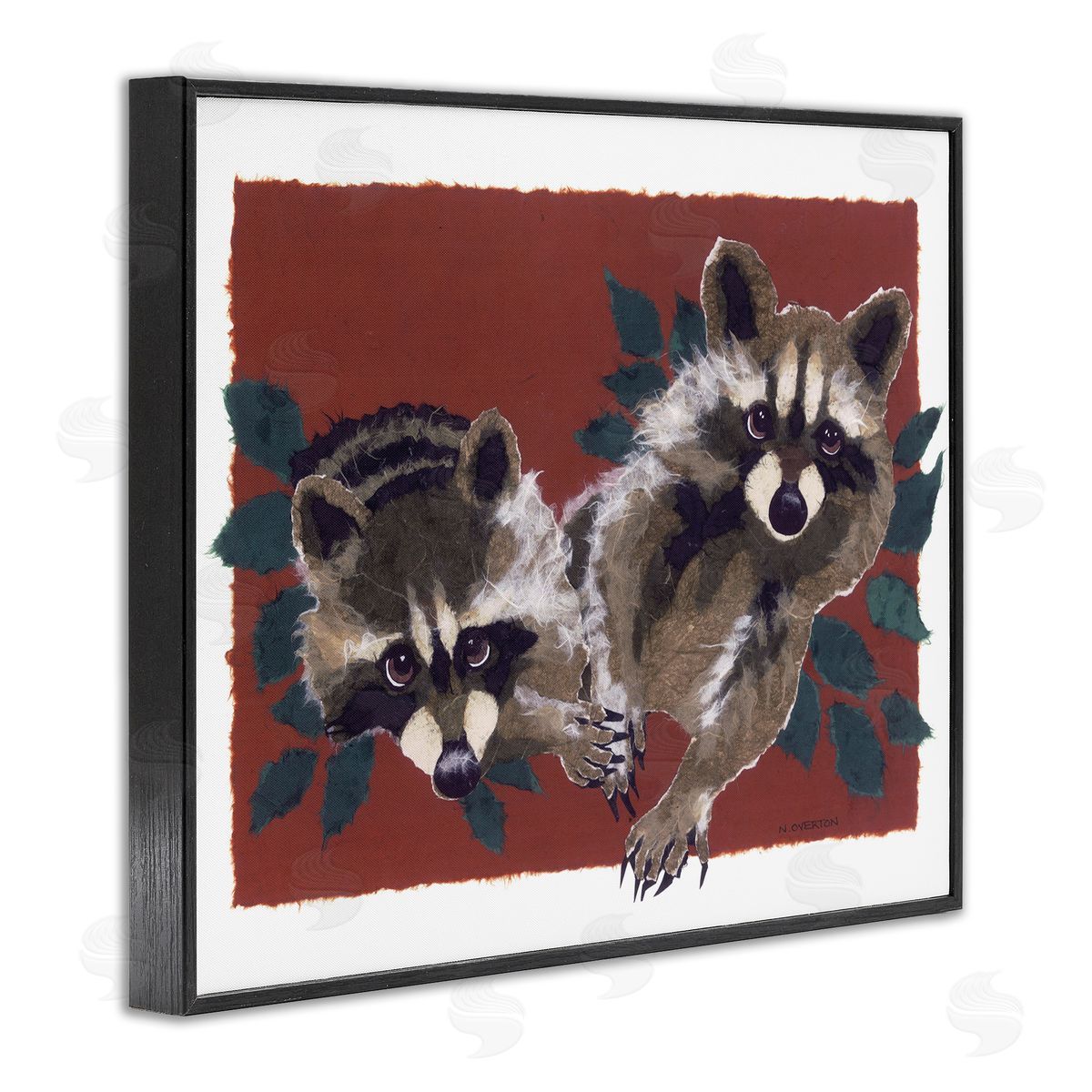 Two Raccoons and Leaves Black Frame Print Wall Art, Home Decor by Nancy Overton