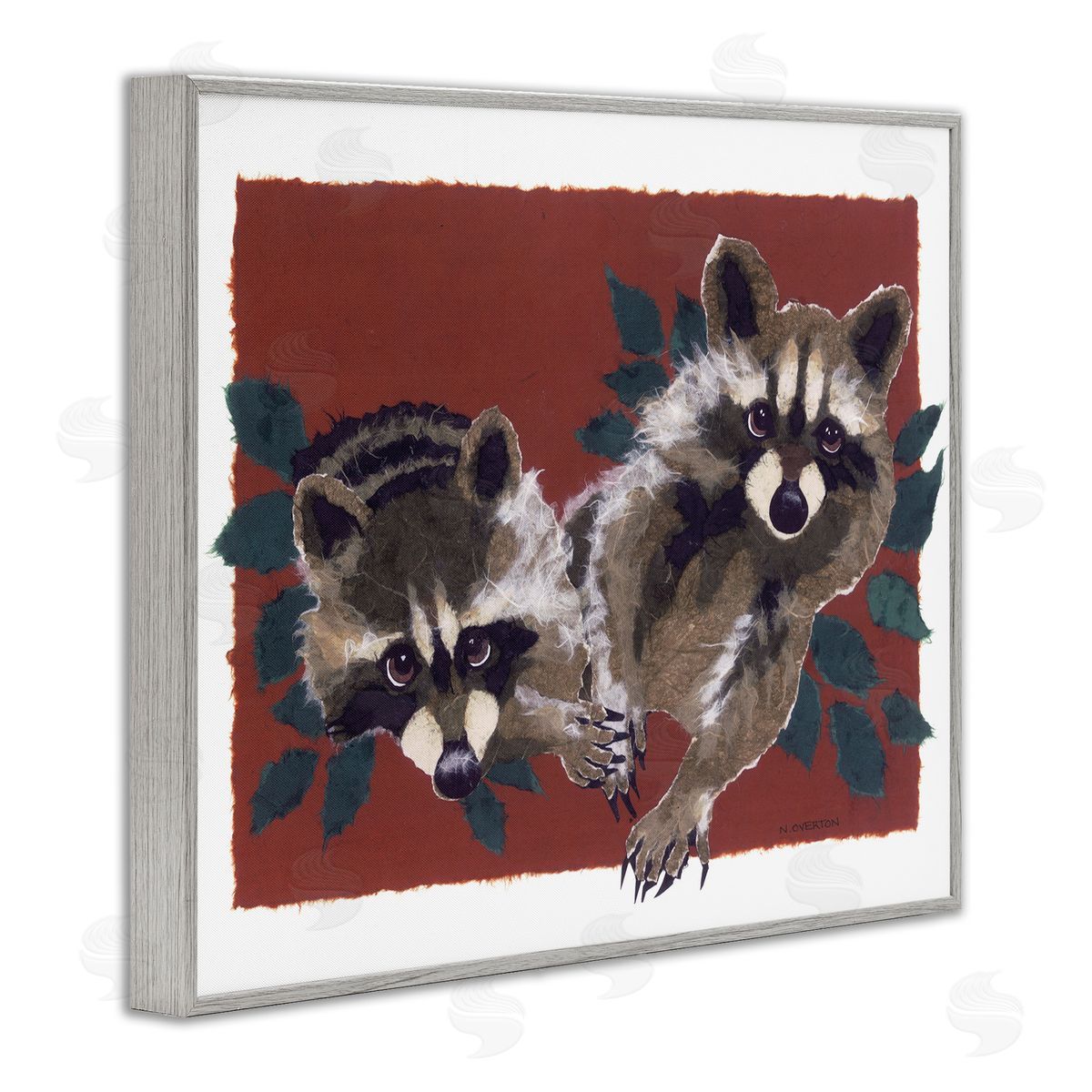 Two Raccoons and Leaves Grey Frame Print Wall Art, Home Decor by Nancy Overton