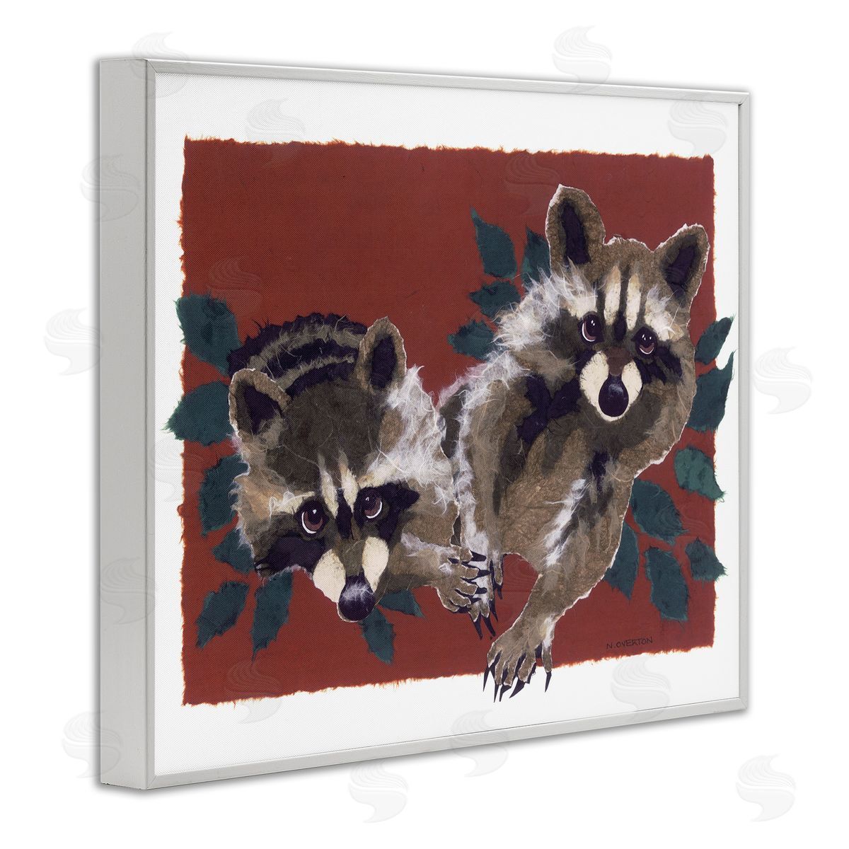 Two Raccoons and Leaves White Frame Print Wall Art, Home Decor by Nancy Overton