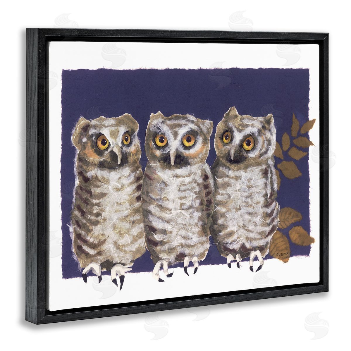 Owl Trio and Leaves Black Floating Frame Canvas Wall Art, Home Decor by Nancy Overton