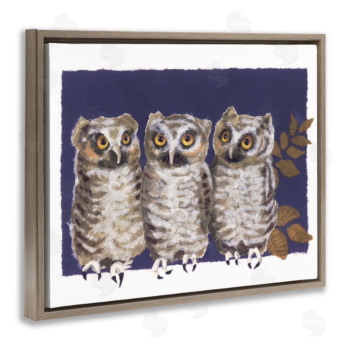 Owl Trio and Leaves Brown Floating Frame Canvas Wall Art, Home Decor by Nancy Overton
