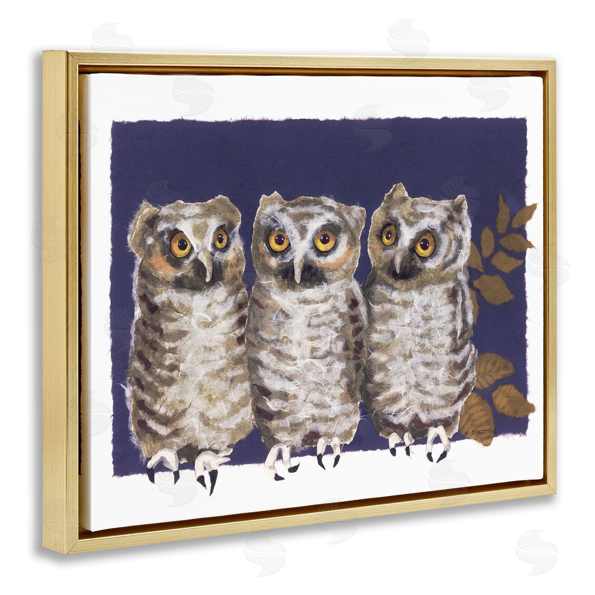 Owl Trio and Leaves Gold Floating Frame Canvas Wall Art, Home Decor by Nancy Overton
