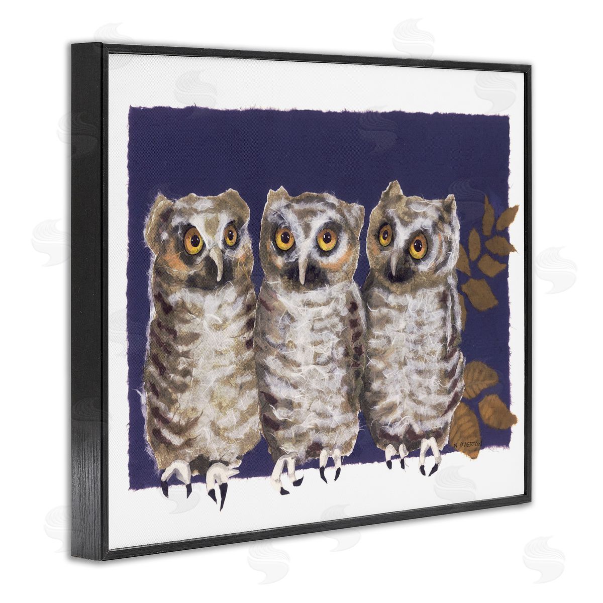 Owl Trio and Leaves Black Frame Print Wall Art, Home Decor by Nancy Overton