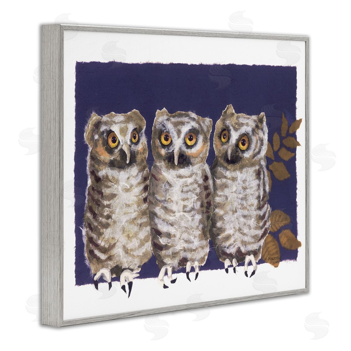 Owl Trio and Leaves Grey Frame Print Wall Art, Home Decor by Nancy Overton