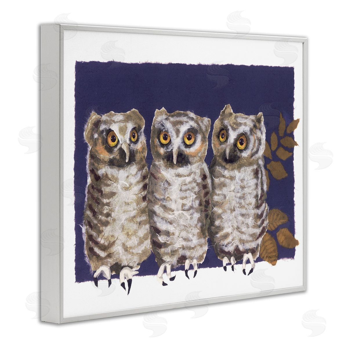 Owl Trio and Leaves White Frame Print Wall Art, Home Decor by Nancy Overton