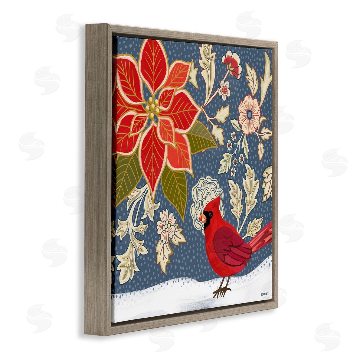 Winter Cardinal in Snow Brown Floating Frame Canvas Wall Art, Home Decor by Levison Design
