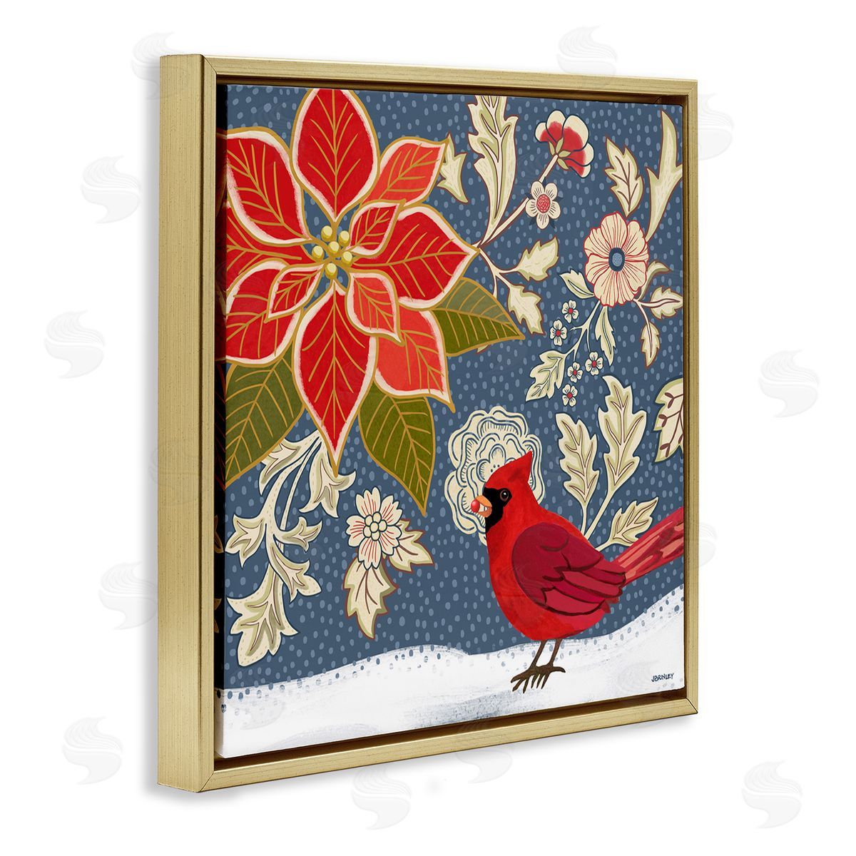 Winter Cardinal in Snow Gold Floating Frame Canvas Wall Art, Home Decor by Levison Design
