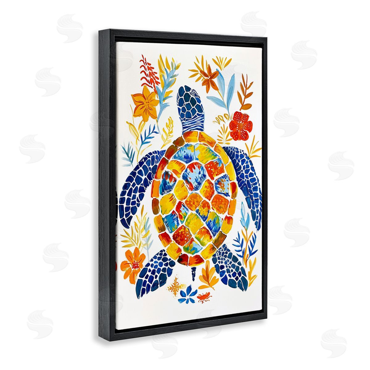 Nautical Patterned Turtle Black Floating Frame Canvas Wall Art, Home Decor by Ramona Murdock