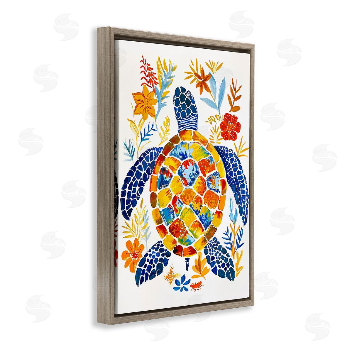 Nautical Patterned Turtle Brown Floating Frame Canvas Wall Art, Home Decor by Ramona Murdock