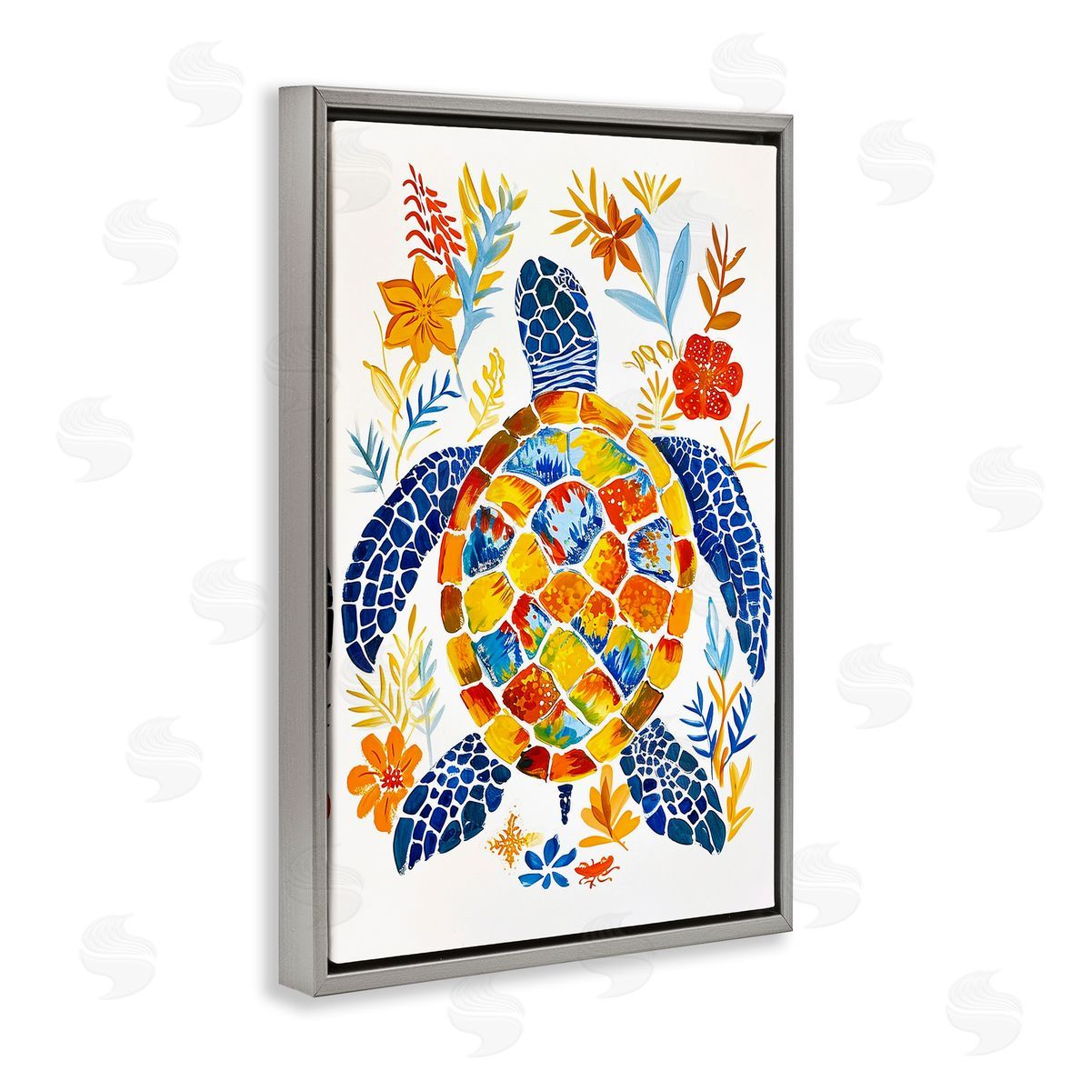 Nautical Patterned Turtle Grey Floating Frame Canvas Wall Art, Home Decor by Ramona Murdock