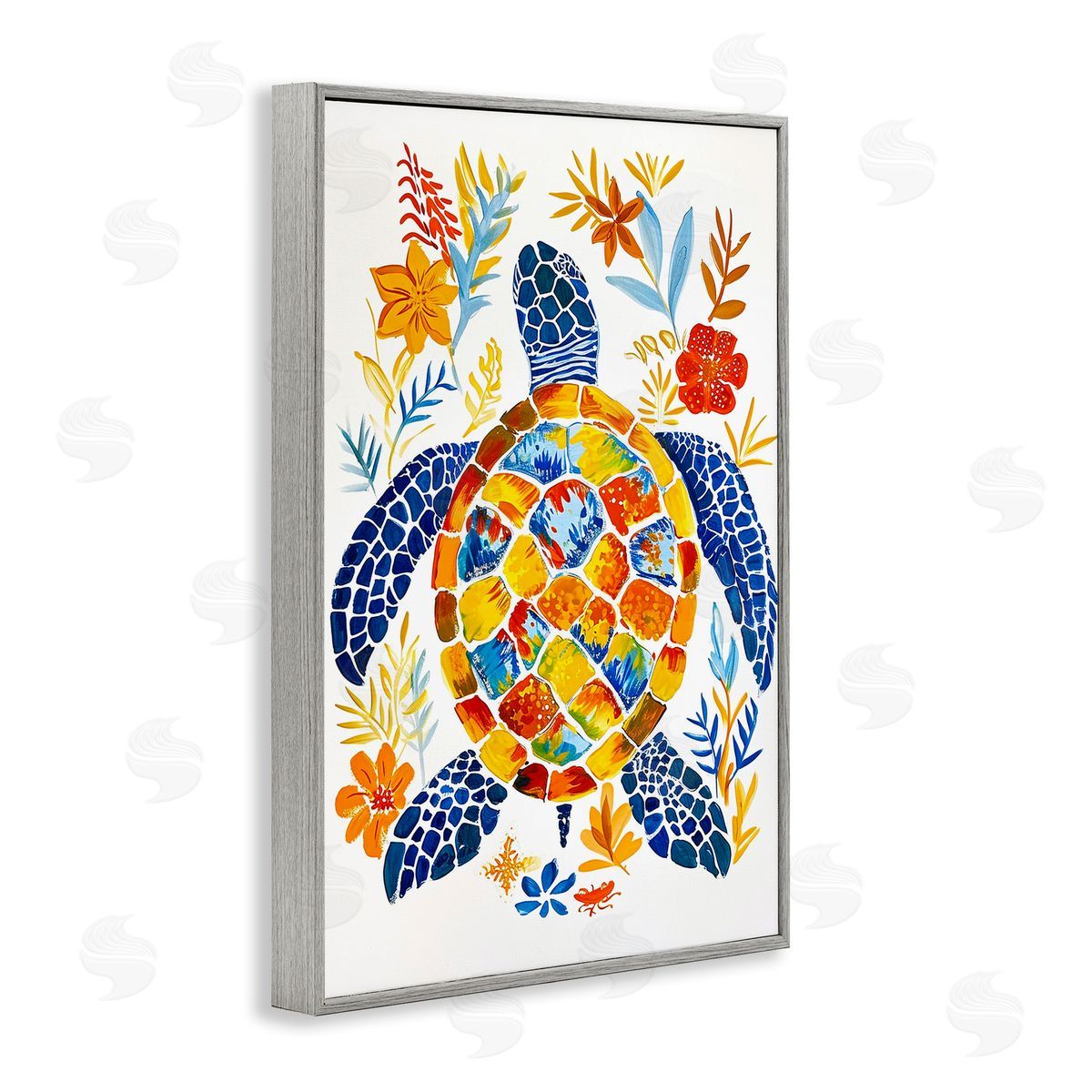 Nautical Patterned Turtle Grey Frame Print Wall Art, Home Decor by Ramona Murdock