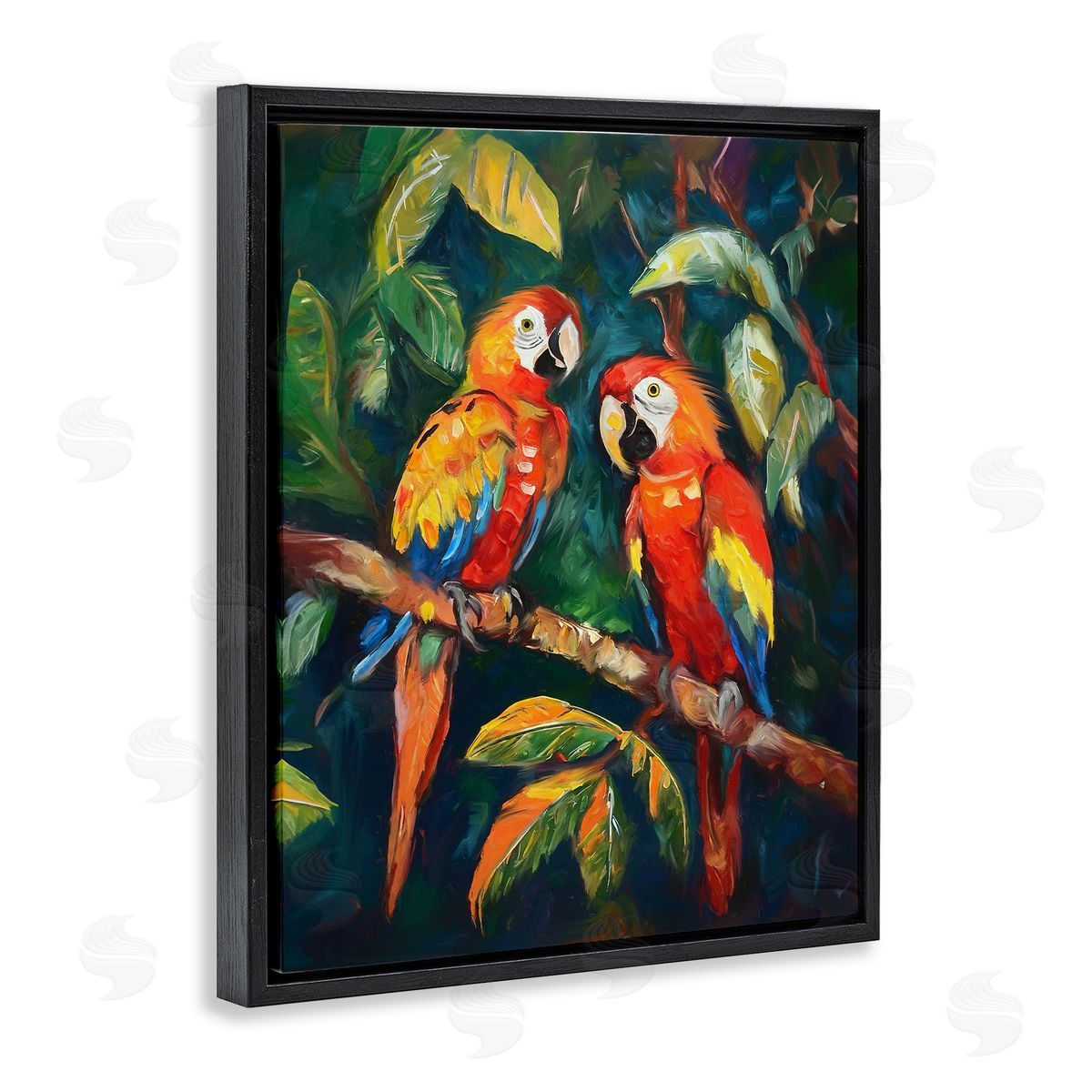 Parrot Pair on Branch Black Floating Frame Canvas Wall Art, Home Decor by Ramona Murdock
