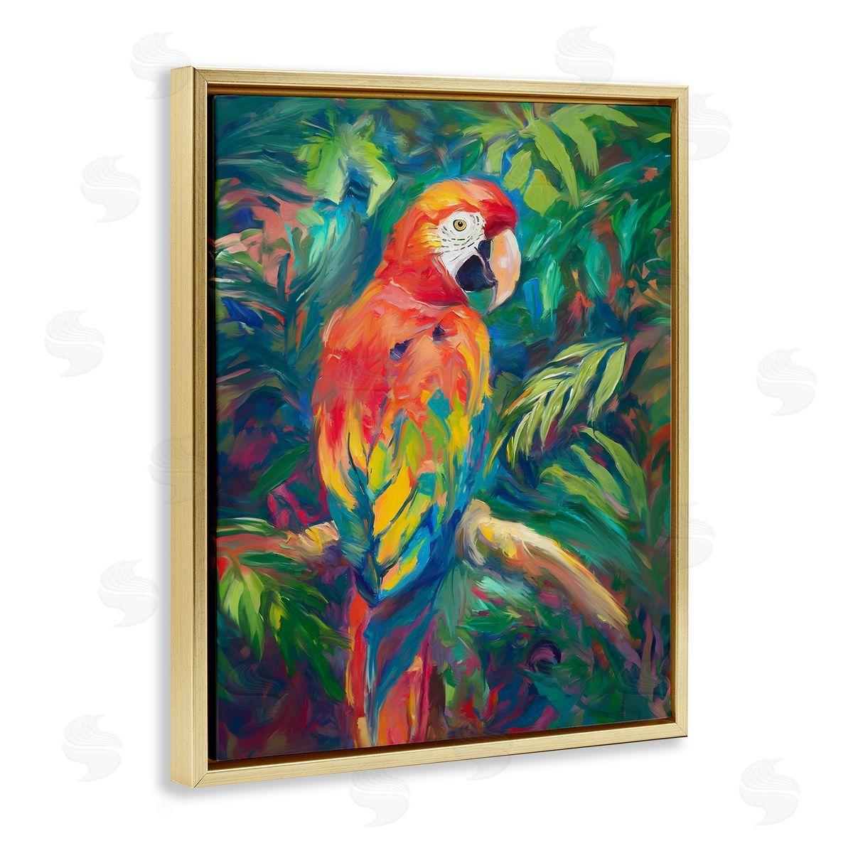 Jungle Macaw on Branch Gold Floating Frame Canvas Wall Art, Home Decor by Ramona Murdock