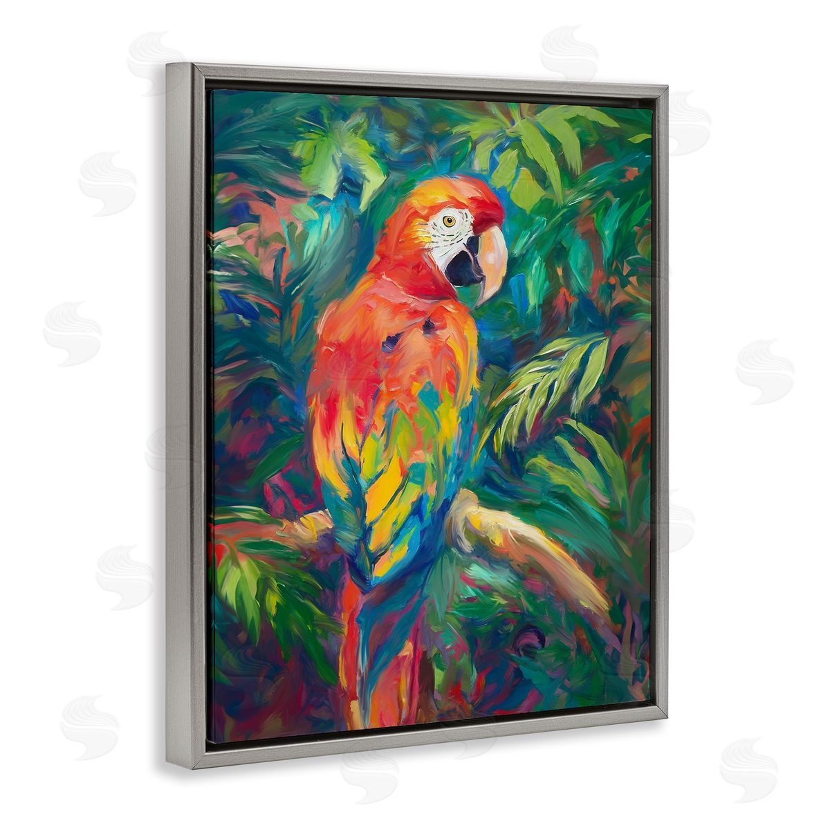 Jungle Macaw on Branch Grey Floating Frame Canvas Wall Art, Home Decor by Ramona Murdock
