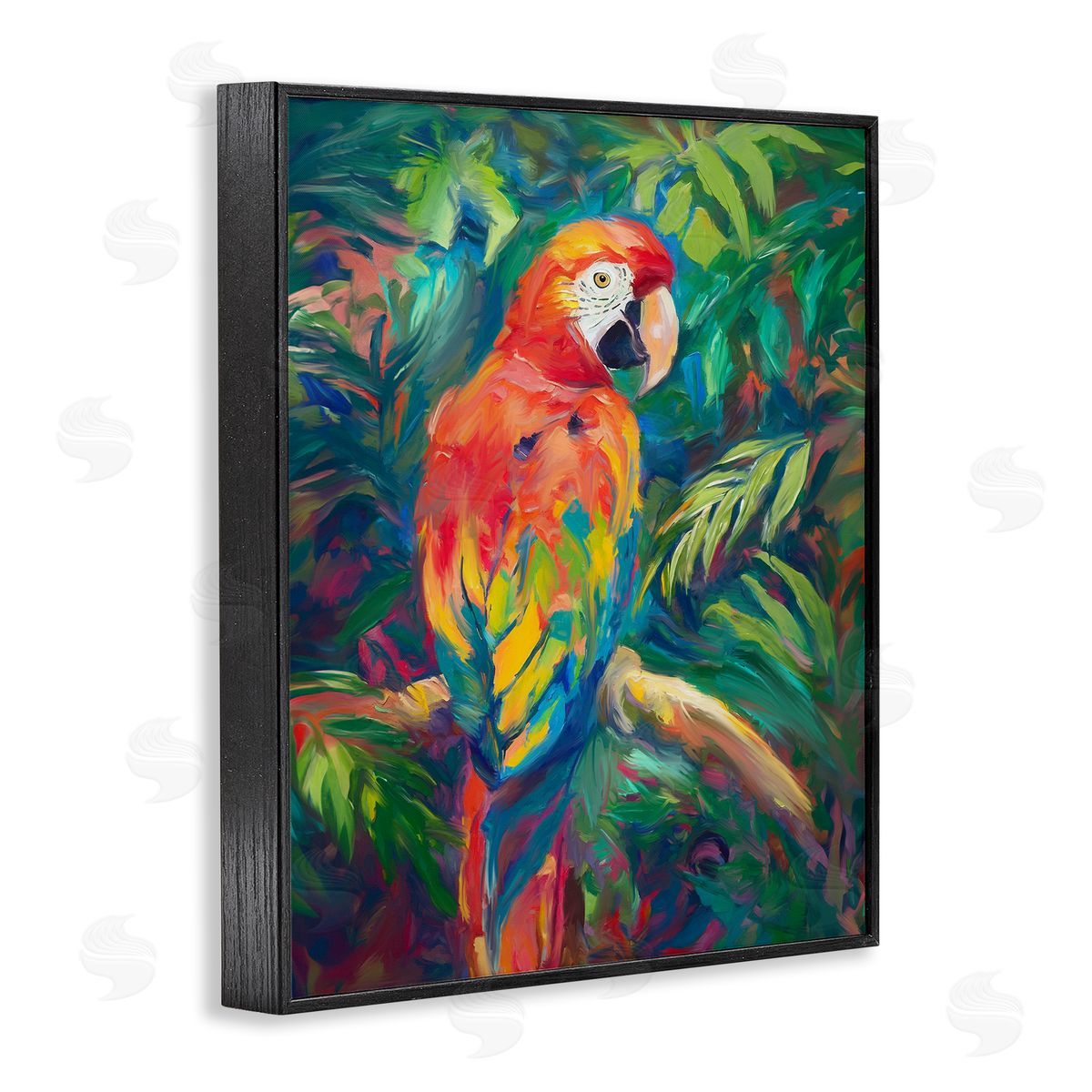Jungle Macaw on Branch Black Frame Print Wall Art, Home Decor by Ramona Murdock