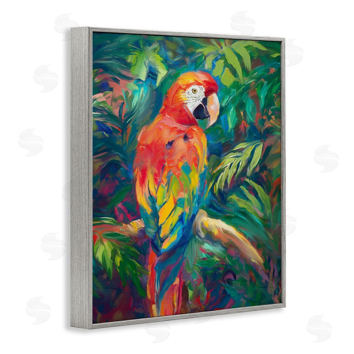 Jungle Macaw on Branch Grey Frame Print Wall Art, Home Decor by Ramona Murdock