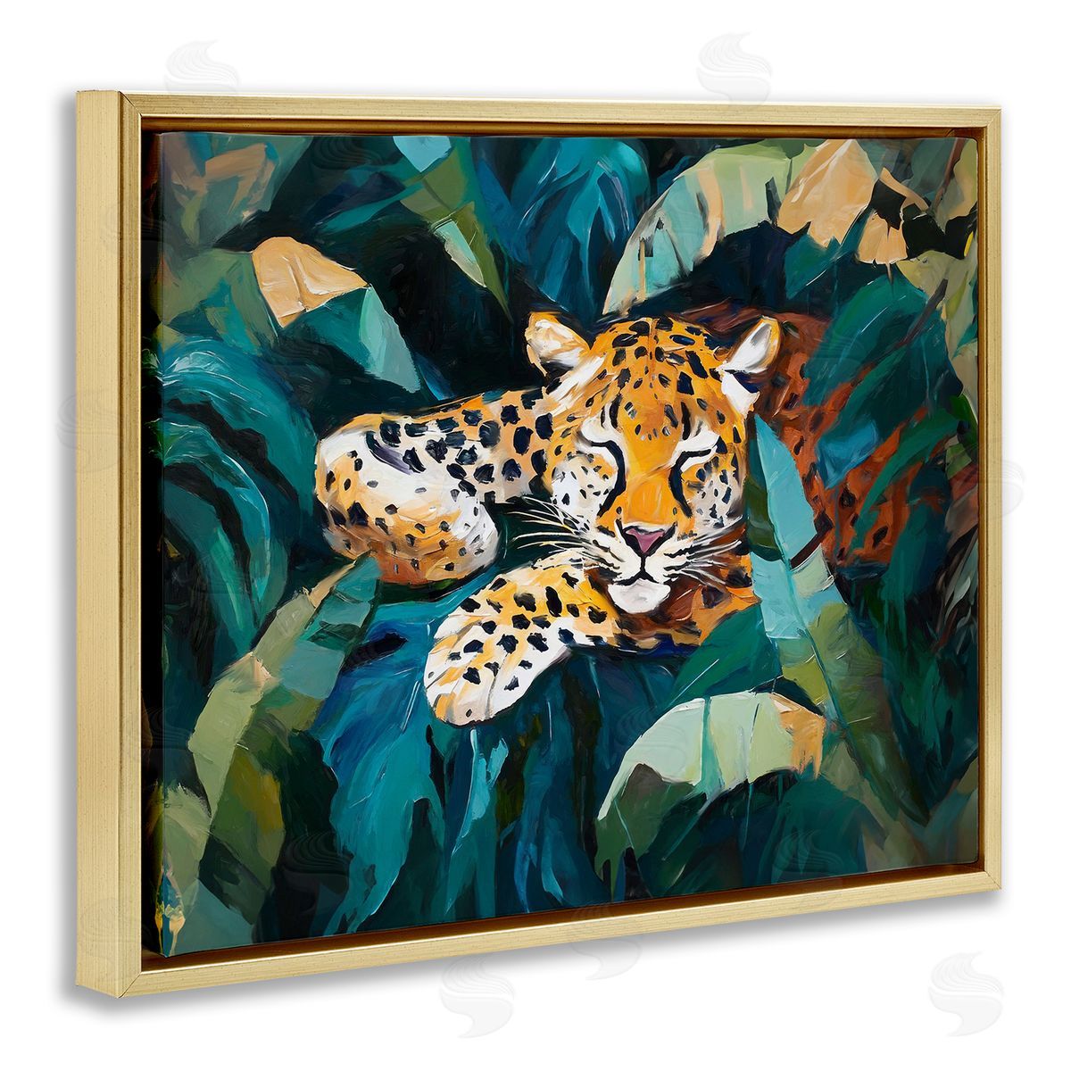 Leopard Sleeping in Leaves Gold Floating Frame Canvas Wall Art, Home Decor by Ramona Murdock