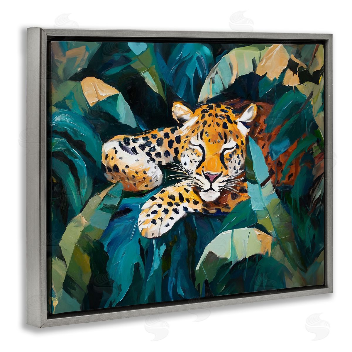 Leopard Sleeping in Leaves Grey Floating Frame Canvas Wall Art, Home Decor by Ramona Murdock