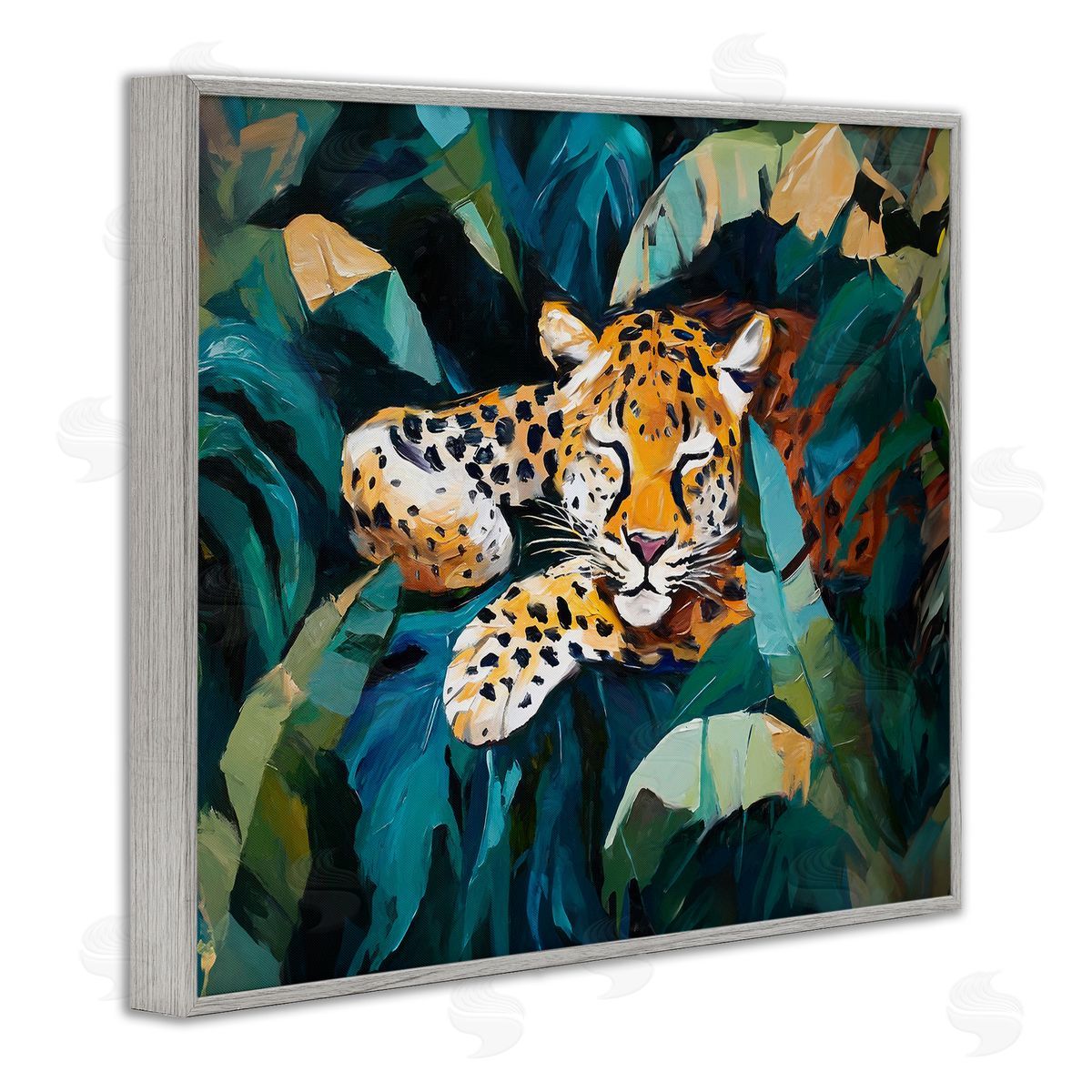 Leopard Sleeping in Leaves Grey Frame Print Wall Art, Home Decor by Ramona Murdock