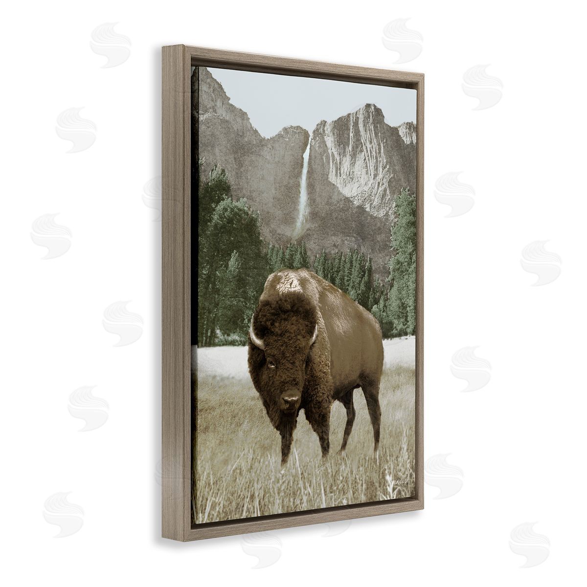 Bison and Mountain Landscape Brown Floating Frame Canvas Wall Art, Home Decor by Dan Meneely