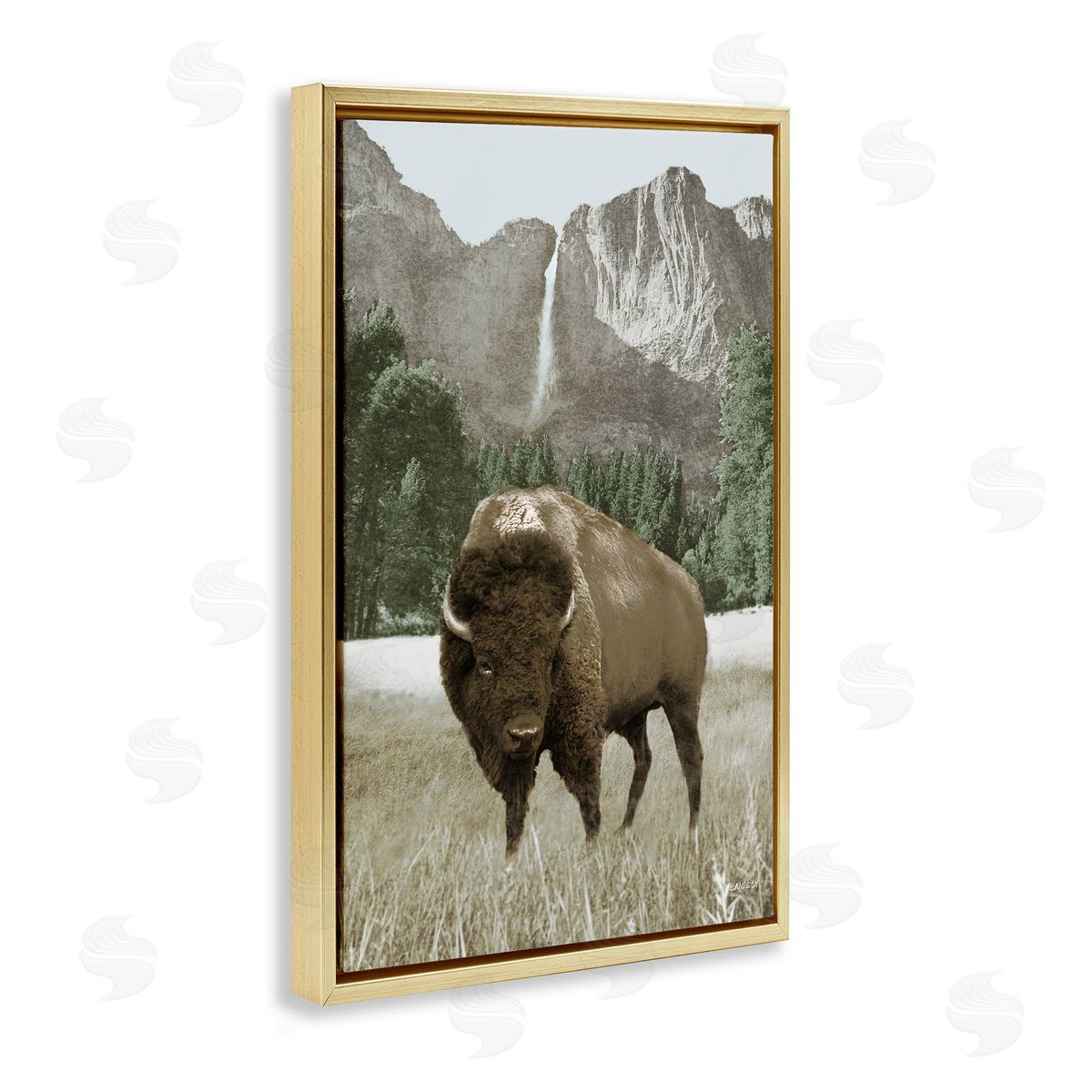 Bison and Mountain Landscape Gold Floating Frame Canvas Wall Art, Home Decor by Dan Meneely