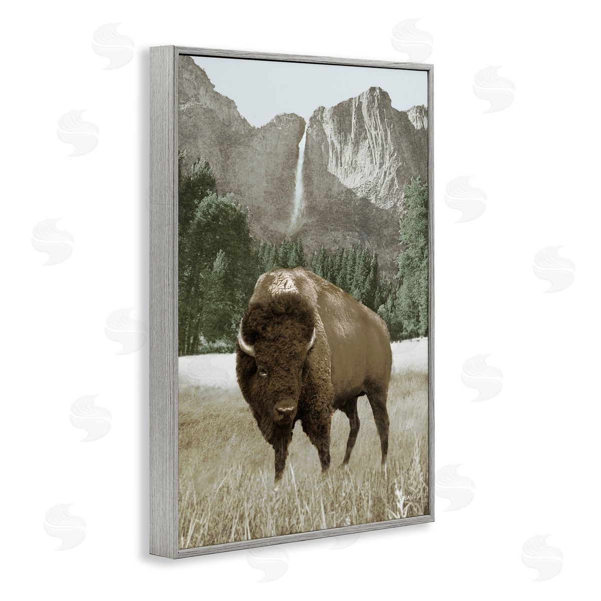 Bison and Mountain Landscape Grey Frame Print Wall Art, Home Decor by Dan Meneely