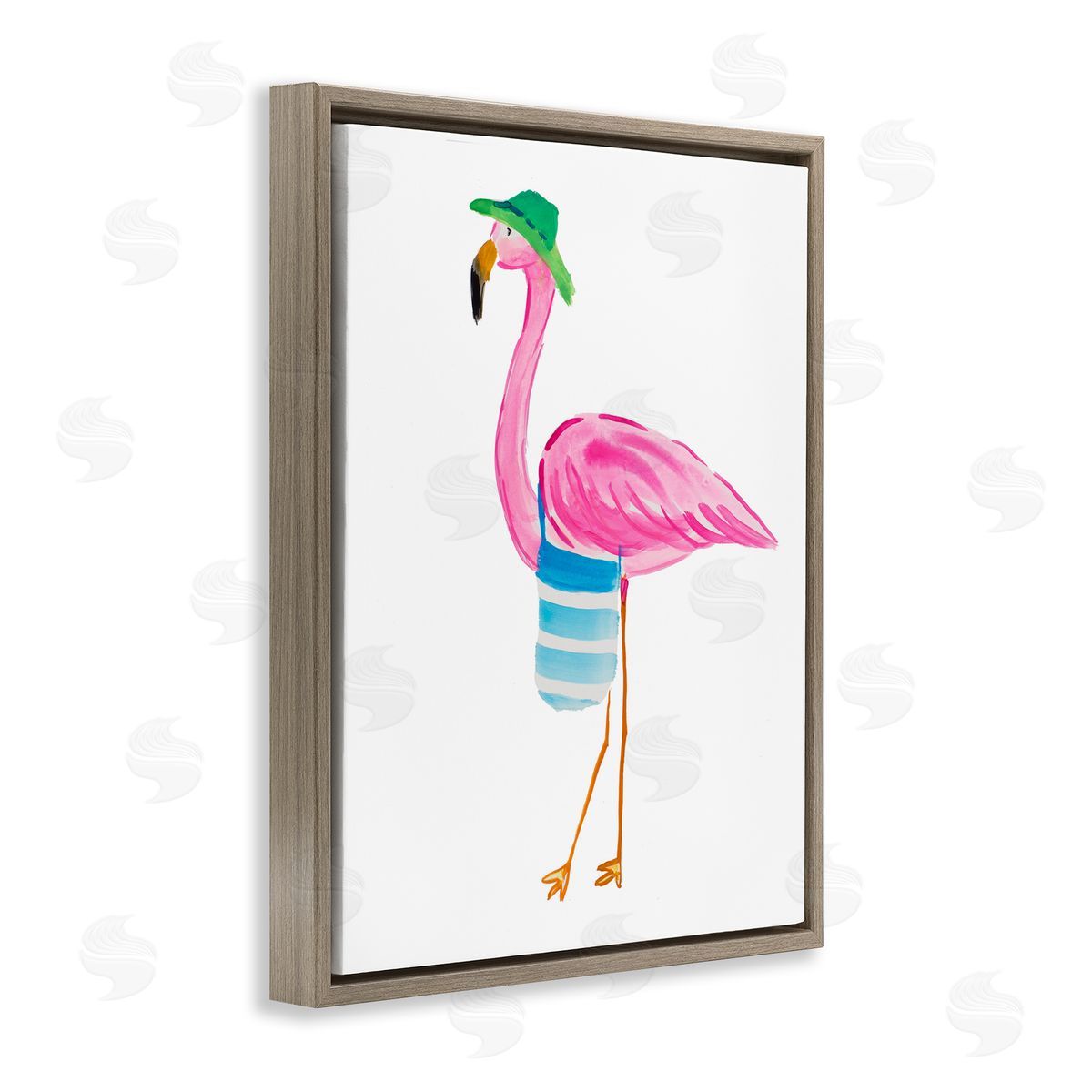 Flamingo with Beach Tote Brown Floating Frame Canvas Wall Art, Home Decor by Julie DeRice