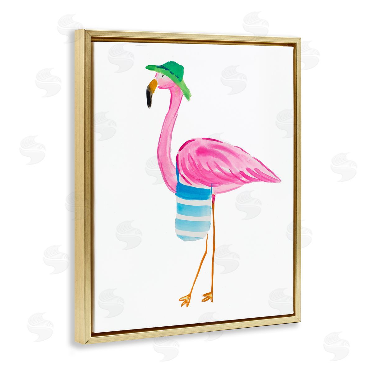 Flamingo with Beach Tote Gold Floating Frame Canvas Wall Art, Home Decor by Julie DeRice
