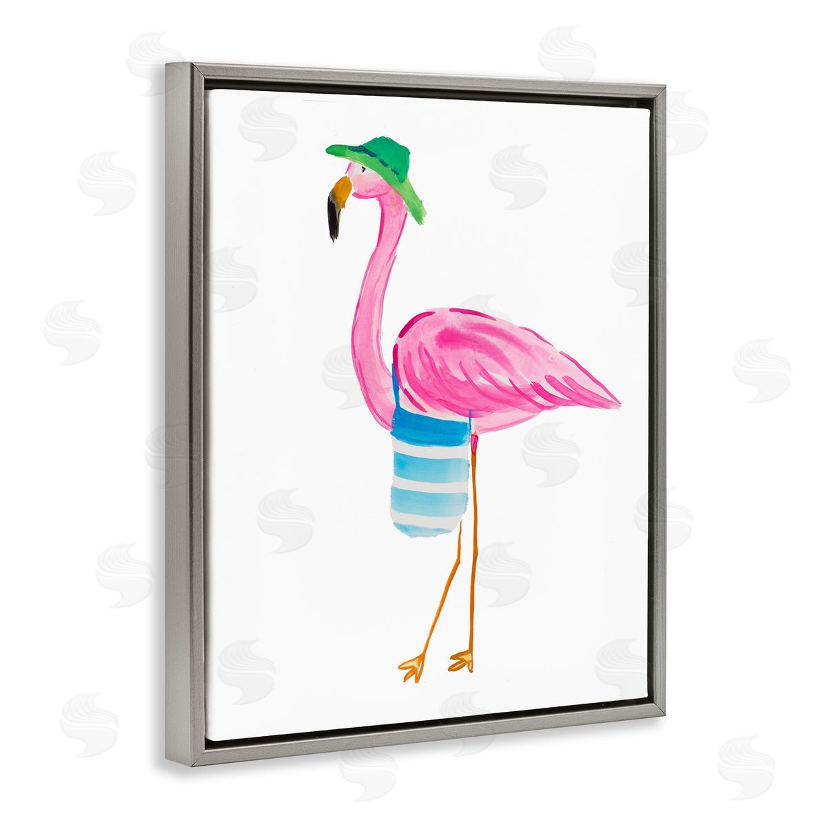 Flamingo with Beach Tote Grey Floating Frame Canvas Wall Art, Home Decor by Julie DeRice