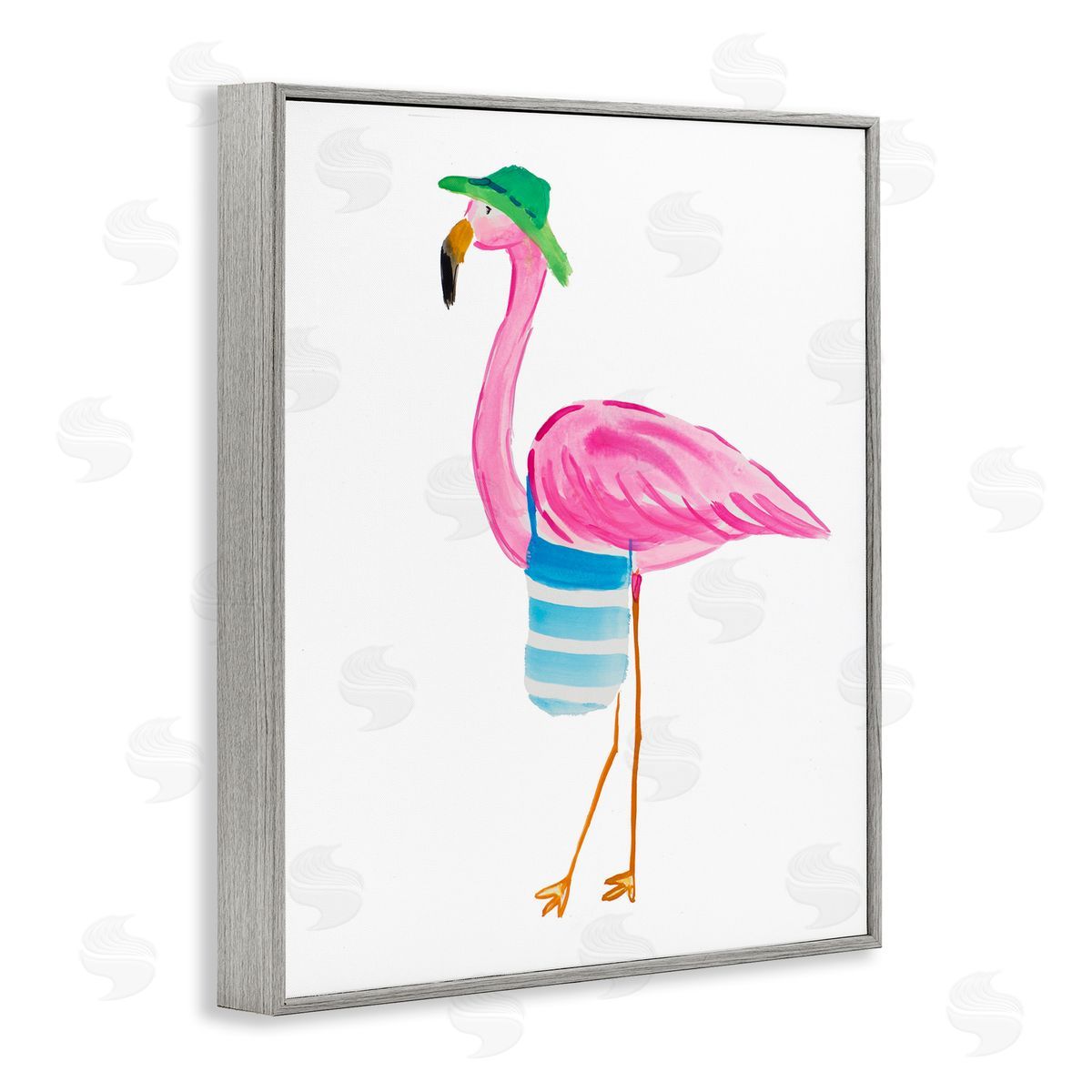 Flamingo with Beach Tote Grey Frame Print Wall Art, Home Decor by Julie DeRice