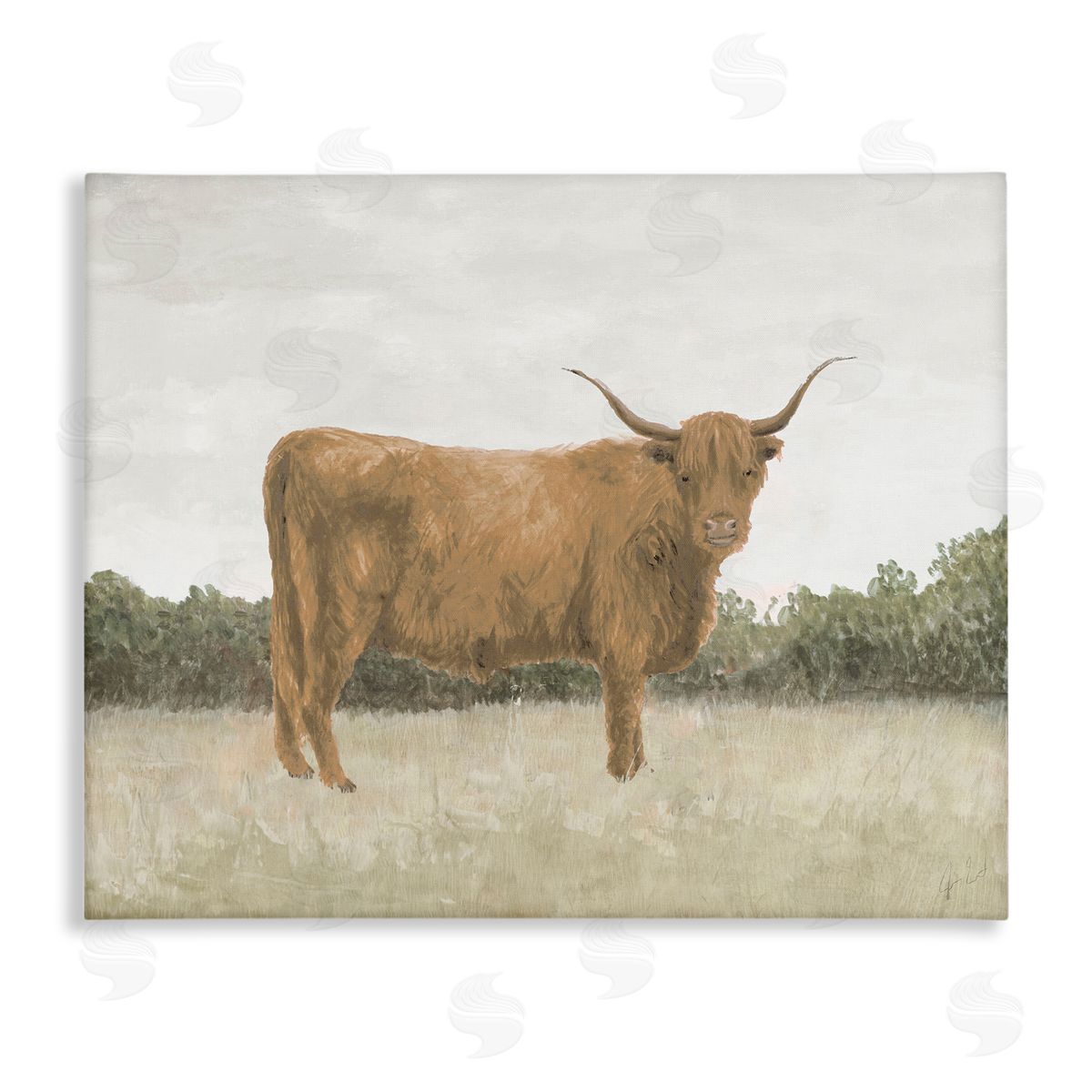 Brown Cattle Gazing Canvas Wall Art, Home Decor by Jen Eitel