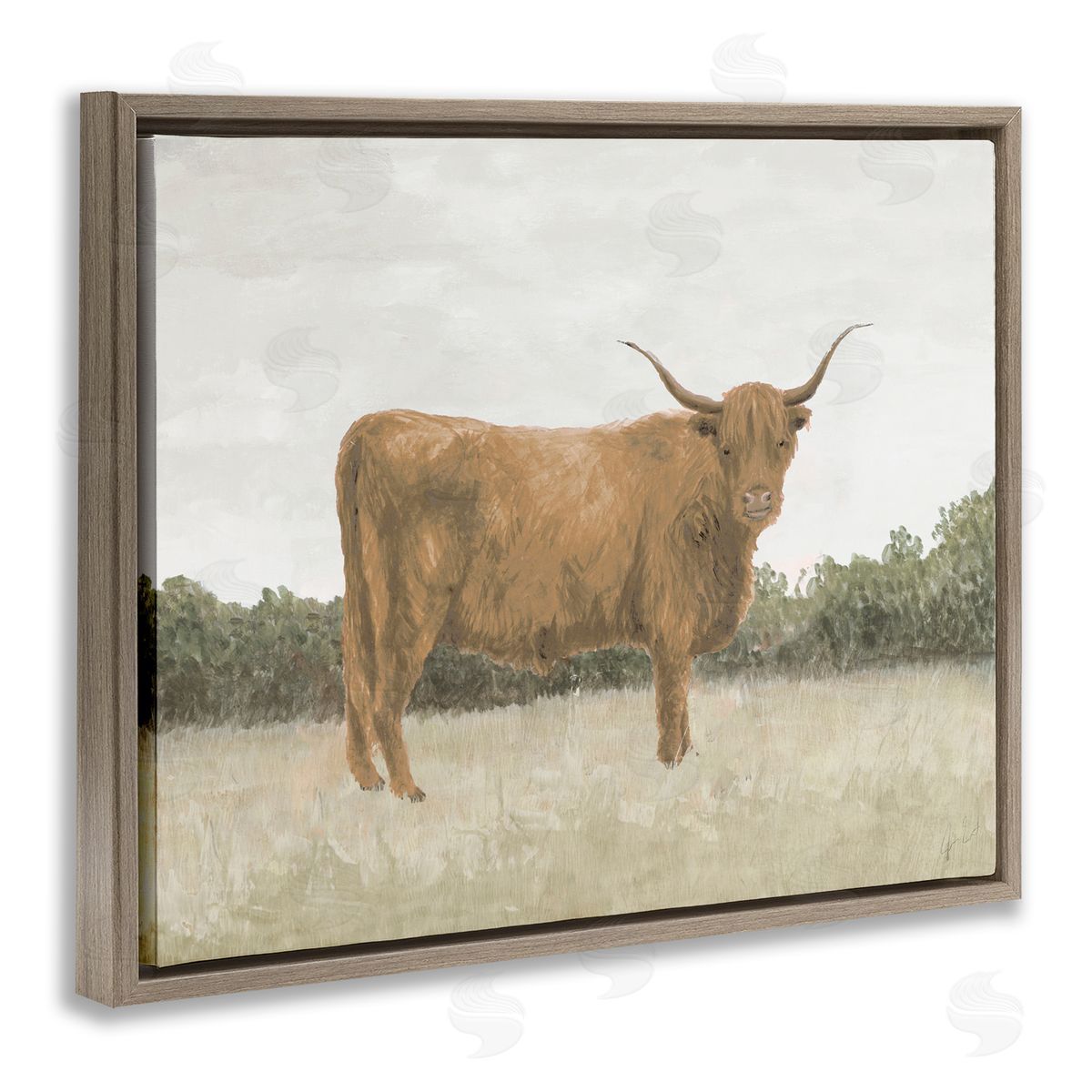 Brown Cattle Gazing Brown Floating Frame Canvas Wall Art, Home Decor by Jen Eitel