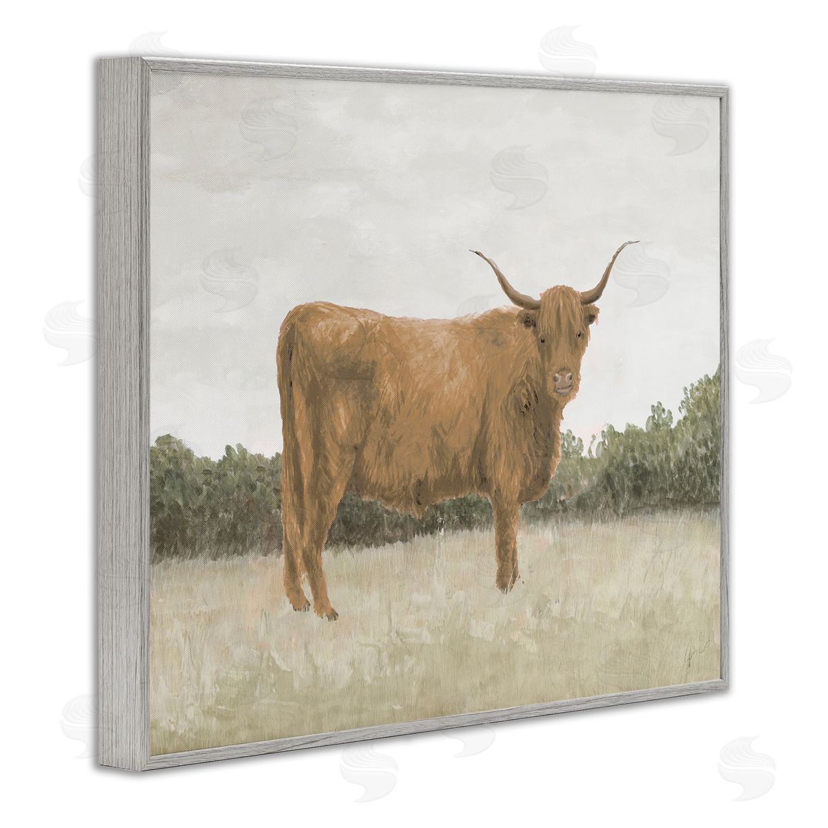 Brown Cattle Gazing Grey Frame Print Wall Art, Home Decor by Jen Eitel