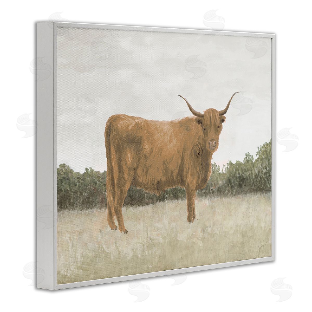 Brown Cattle Gazing White Frame Print Wall Art, Home Decor by Jen Eitel