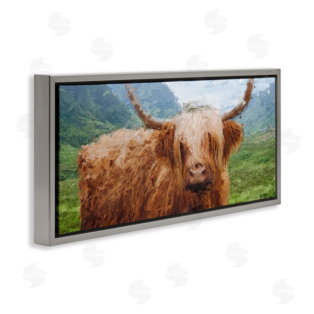 Impressionist Highland Cattle Grey Floating Frame Canvas Wall Art, Home Decor by Kali Wilson