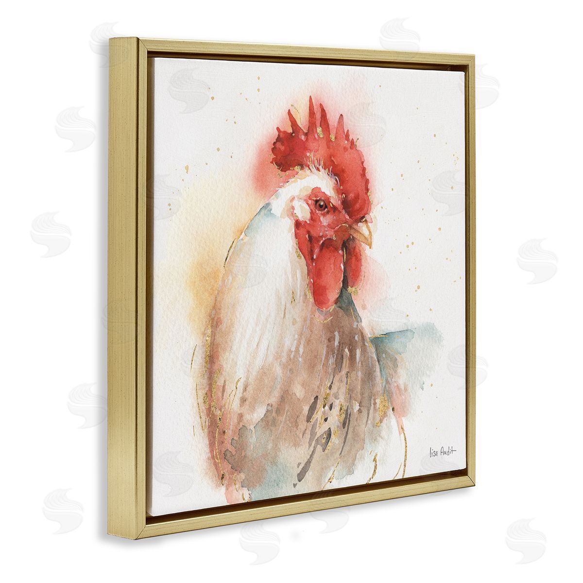 Hen with Watercolor Splash Gold Floating Frame Canvas Wall Art, Home Decor by Lisa Audit