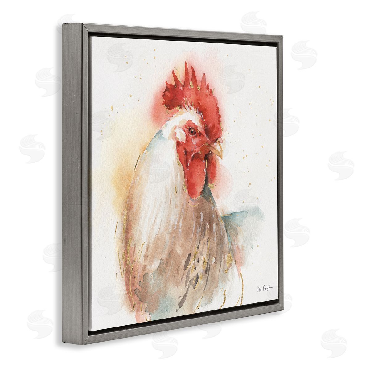 Hen with Watercolor Splash Grey Floating Frame Canvas Wall Art, Home Decor by Lisa Audit