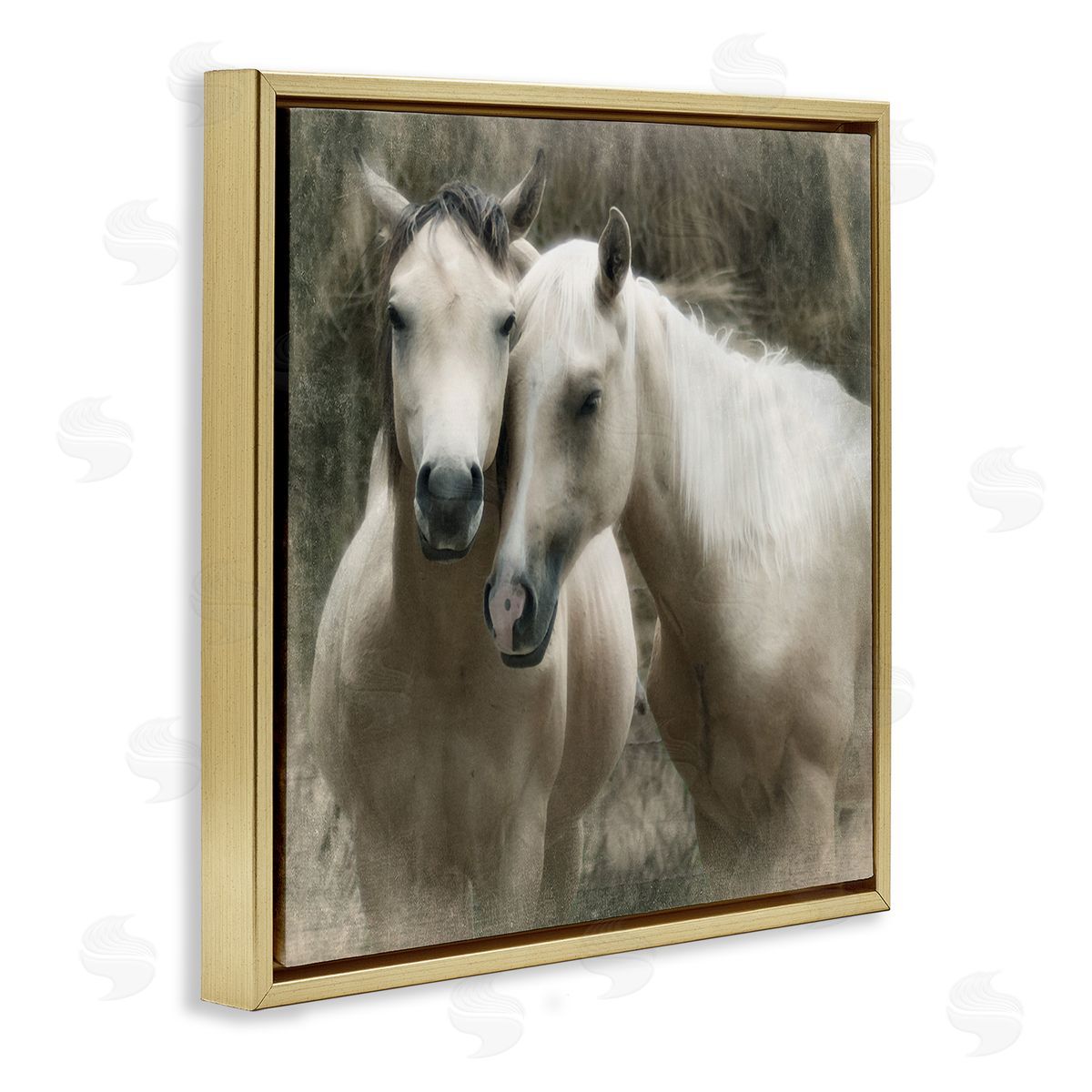 Snuggling Horses on Farm Gold Floating Frame Canvas Wall Art, Home Decor by Rhonda Addison