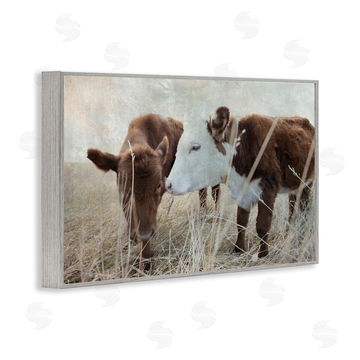 Baby Calf Pair in Grass Grey Frame Print Wall Art, Home Decor by Carol Robinson