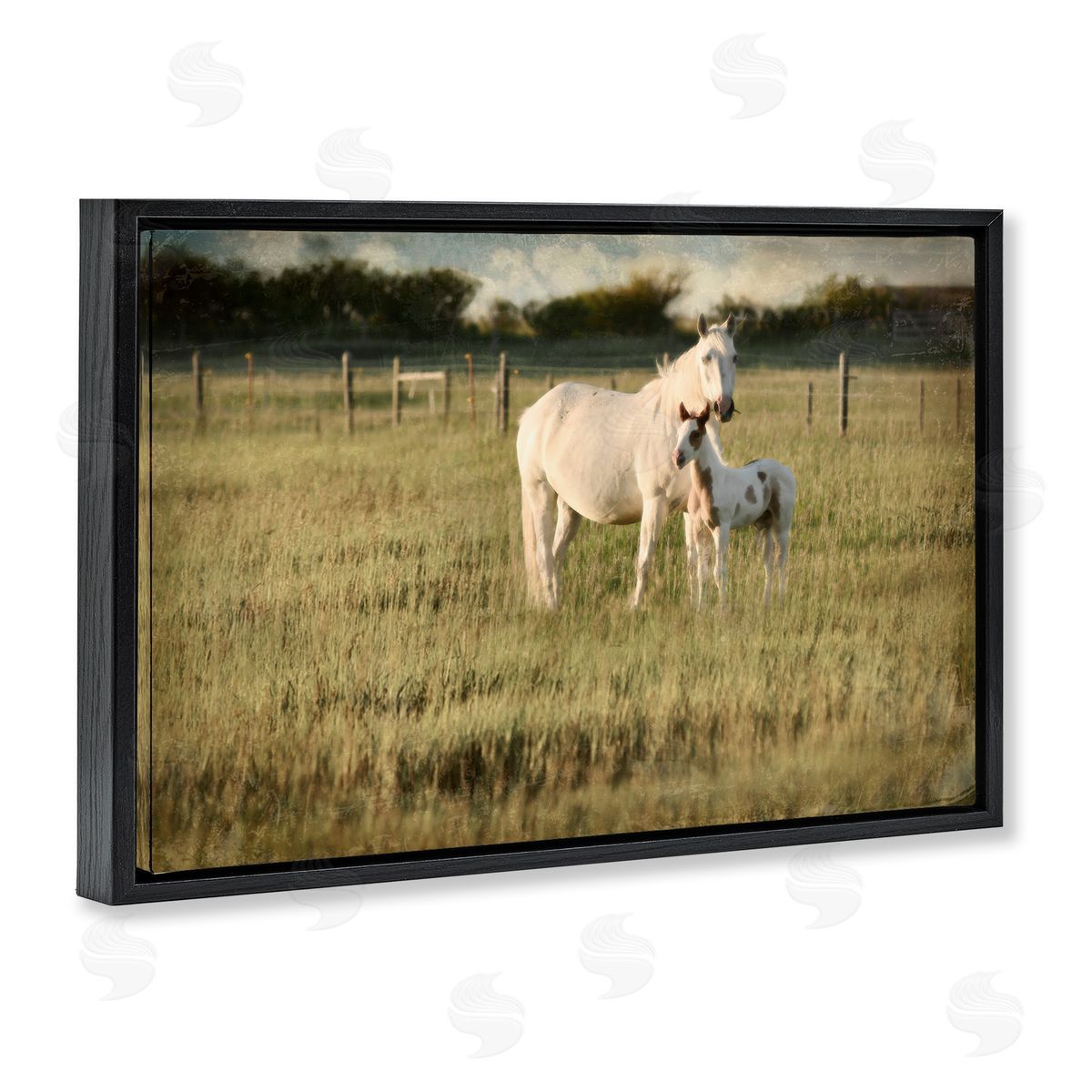 Rural Horse and Foal Black Floating Frame Canvas Wall Art, Home Decor by Rhonda Addison