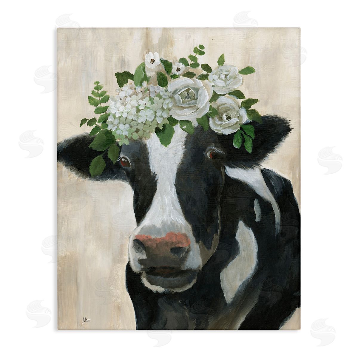 Floral Crown Cow Canvas Wall Art, Home Decor by Nan