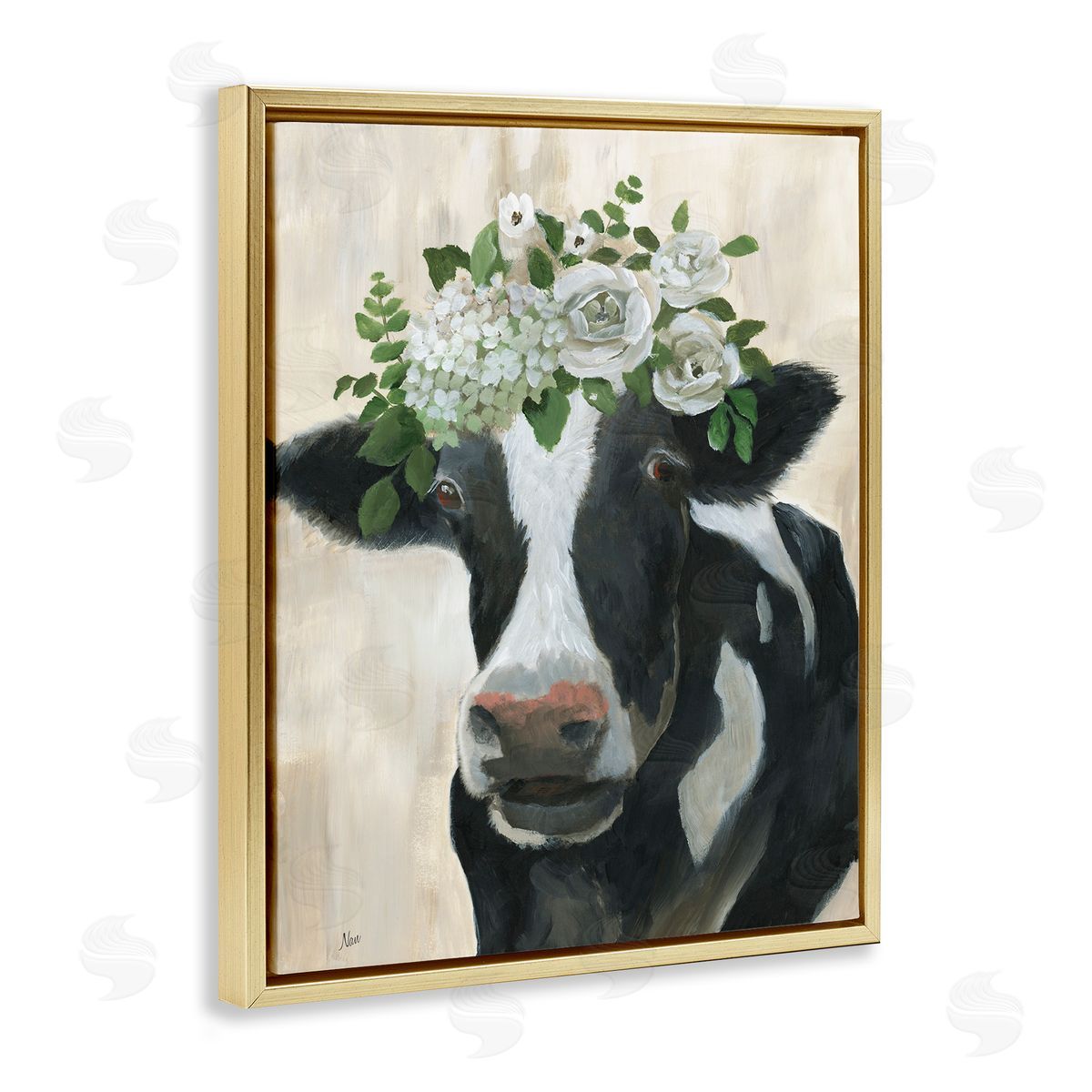 Floral Crown Cow Gold Floating Frame Canvas Wall Art, Home Decor by Nan