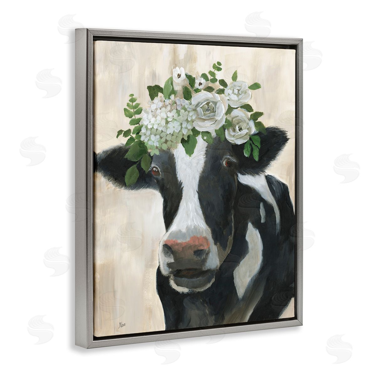 Floral Crown Cow Grey Floating Frame Canvas Wall Art, Home Decor by Nan